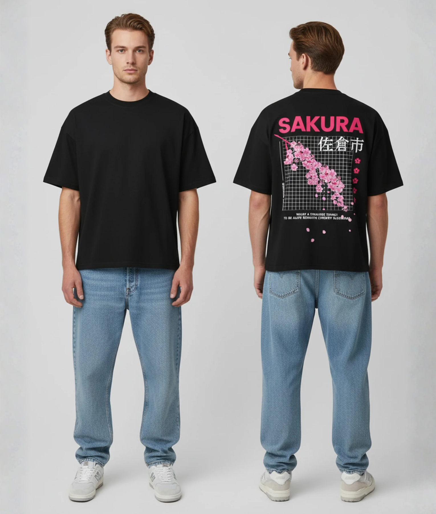 Zwart T-shirt met roze SAKURA kersenbloesem en Japanse tekens op de rug