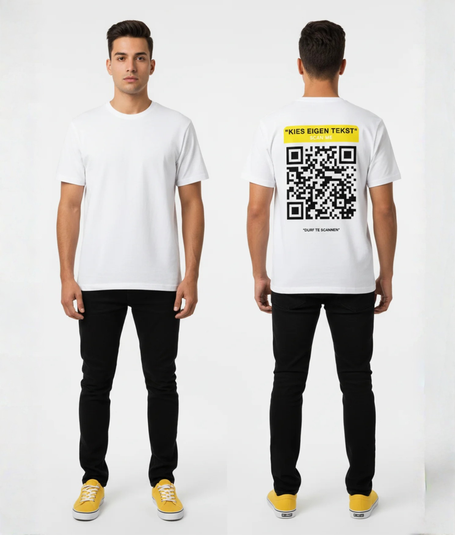 Wit T-shirt met gele eigen tekst banner, grote zwart-witte QR-code en DURF TE SCANNEN tekst op de rug