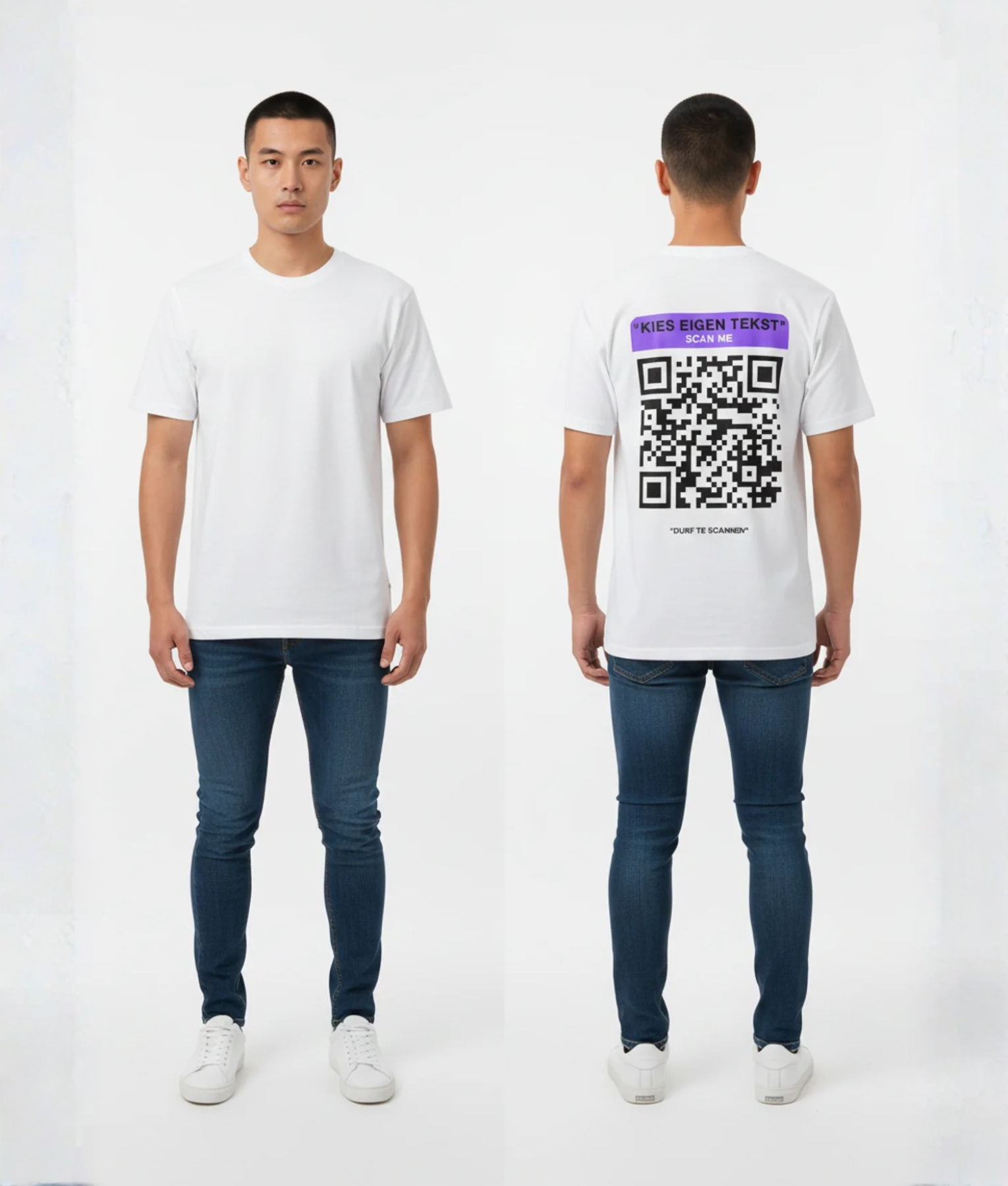 Wit T-shirt met paars eigen tekst banner, grote zwart-witte QR-code en DURF TE SCANNEN tekst op de rug
