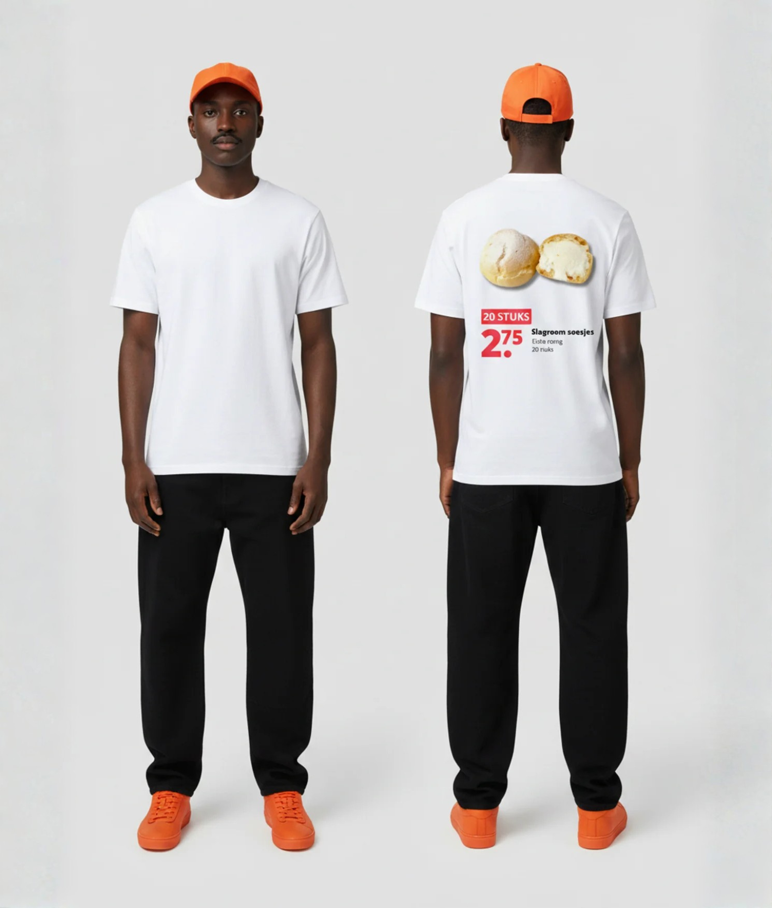 Wit T-shirt met supermarkt aanbieding print van slagroomsoesjes met 20 STUKS, 2,75 prijs en Slagroom soesjes tekst in supermarkt reclame stijl op de rug