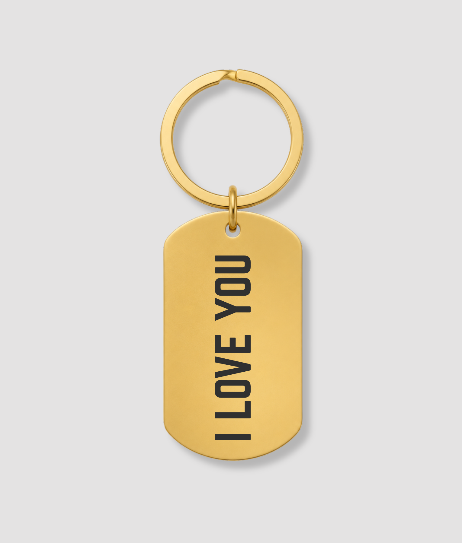 Gouden dog tag sleutelhanger met zwarte tekst I LOVE YOU gravure