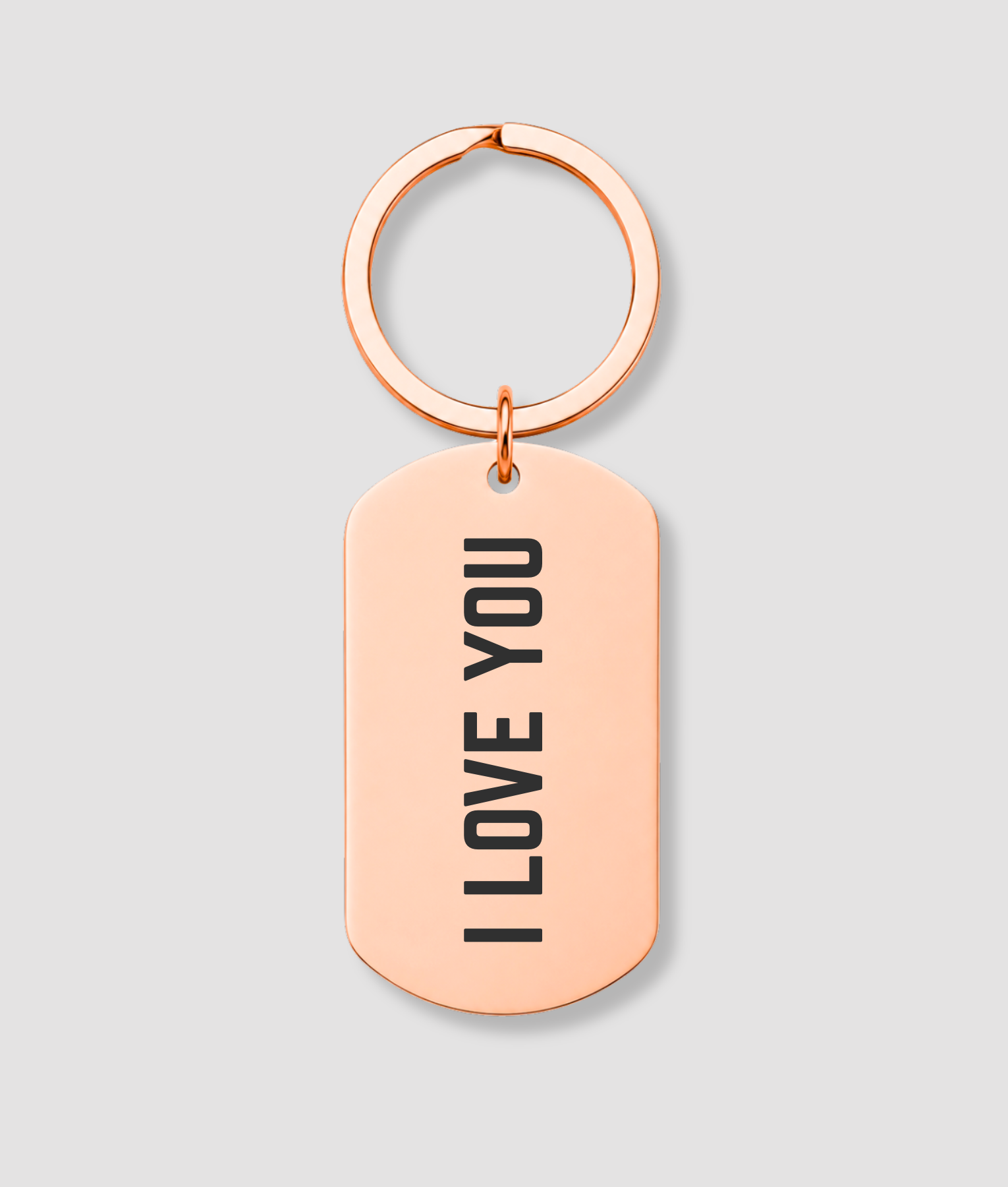 Rosé gouden dog tag sleutelhanger met zwarte tekst I LOVE YOU