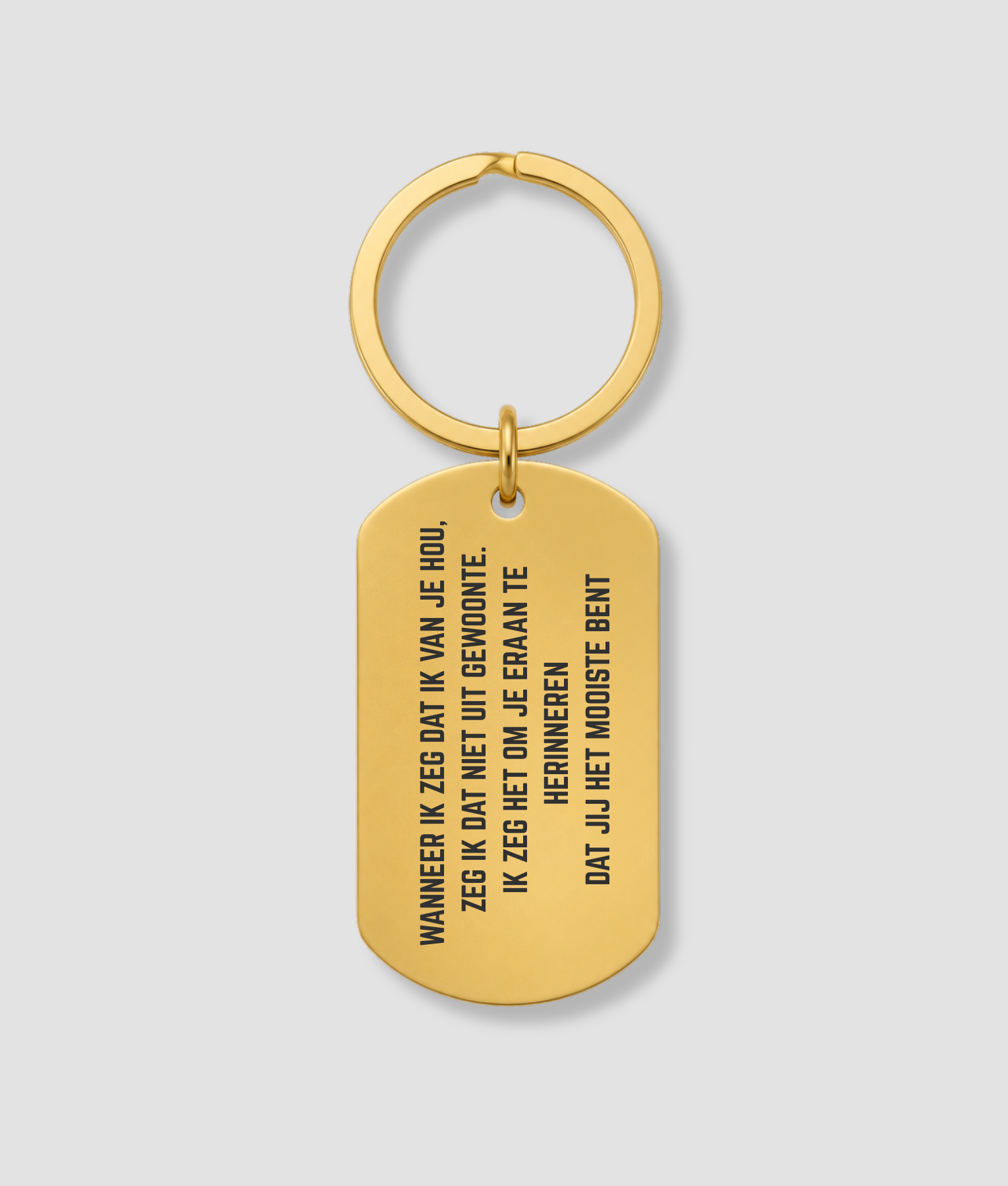Gouden dog tag sleutelhanger met eigen tekst gravure