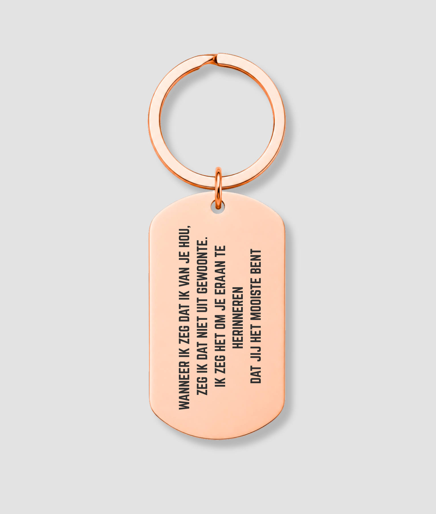 Rosé gouden dog tag sleutelhanger met eigen tekst gravure