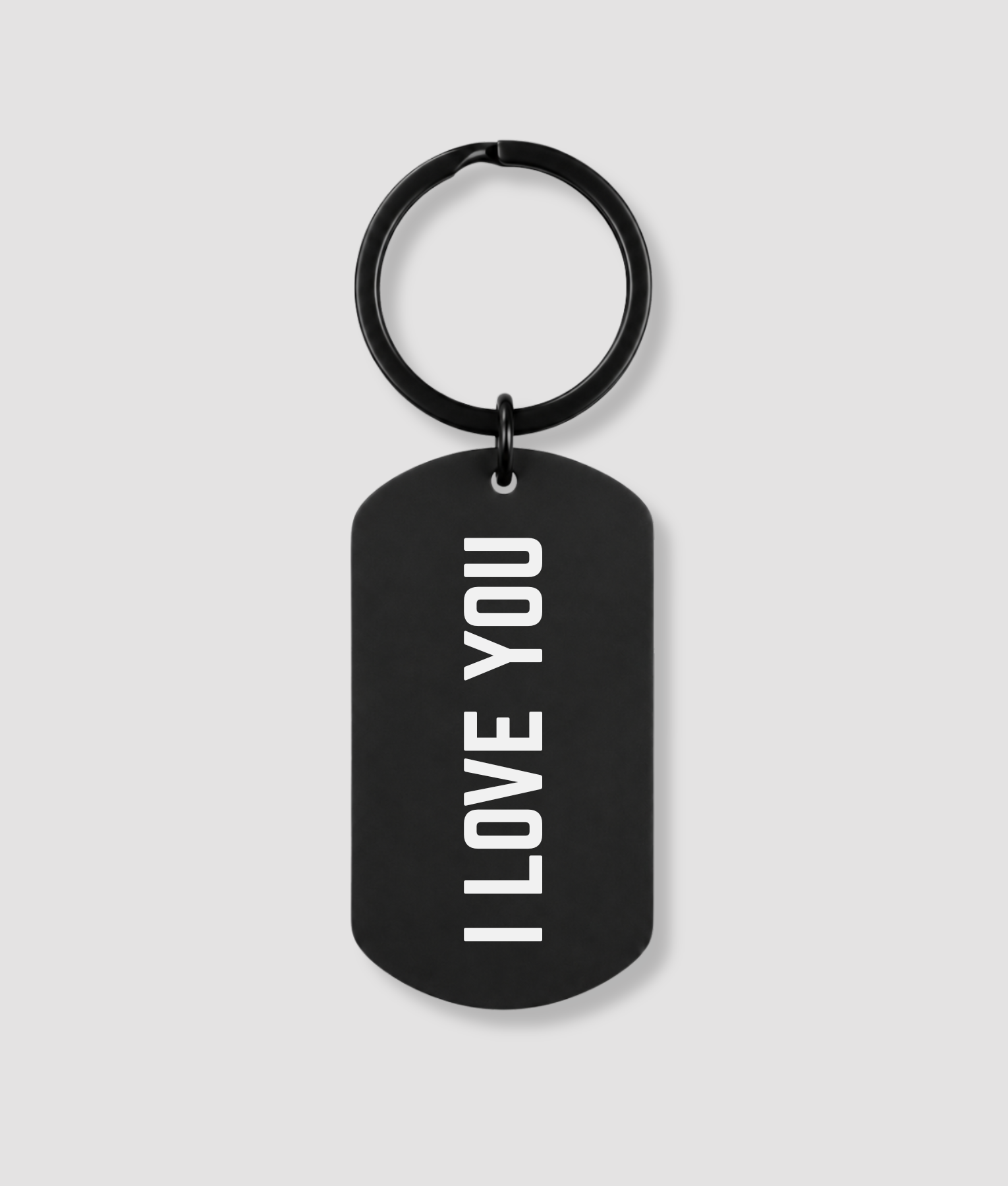 Zwarte dog tag sleutelhanger met witte tekst I LOVE YOU gravure