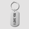 Zilveren dog tag sleutelhanger met zwarte tekst I LOVE YOU gravure