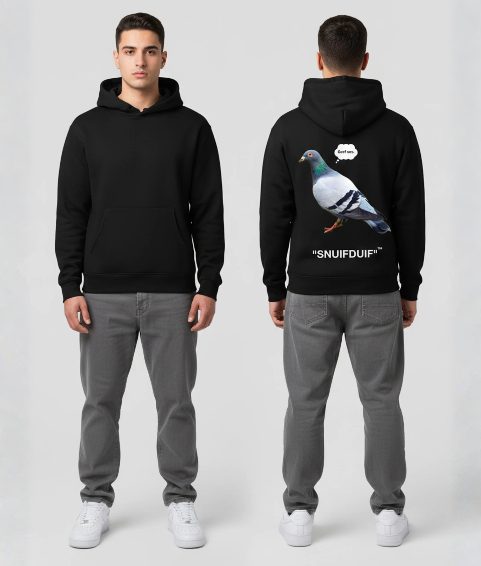 Man in zwarte hoodie voor- en achterkant met duif print en tekst SNUIFDUIF op de rug