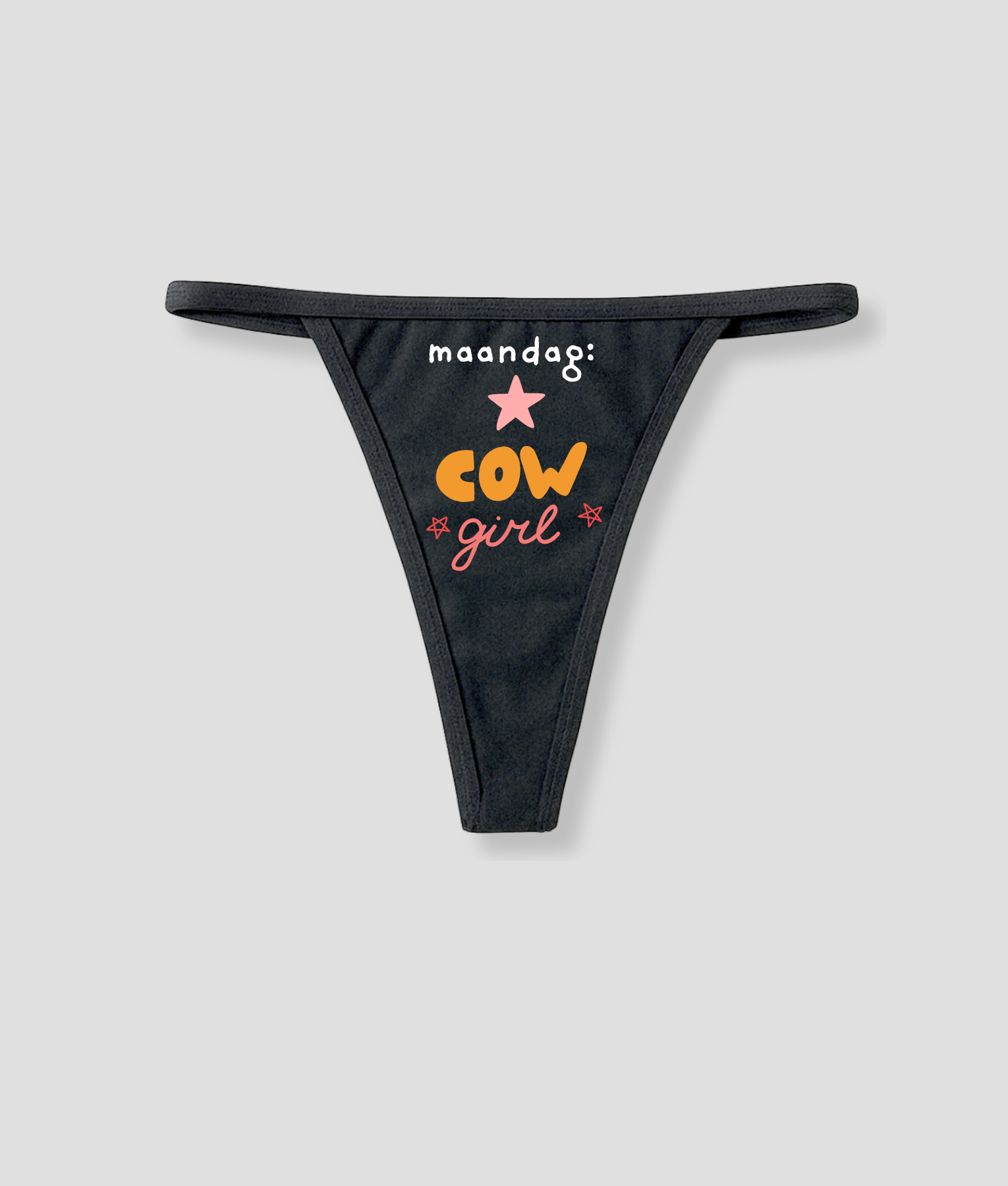 Zwarte string met grappige maandag Cowgirl tekst in oranje en roze met ster illustratie onderdeel van de 7-daagse string bundel