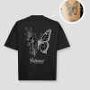 Zwart oversized unisex t-shirt met 'Patience' vlinder en bloemen tattoo opdruk van PEP SCHEP – witte botanische vlinder illustratie op de voorkant