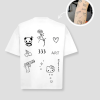 Wit oversized unisex t-shirt met tattoo-geïnspireerde opdrukken van PEP SCHEP – voorkant print met diverse kleine illustraties zoals panda, hart, bloem en typografie