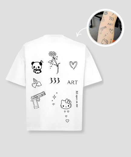 Wit oversized unisex t-shirt met tattoo-geïnspireerde opdrukken van PEP SCHEP – voorkant print met diverse kleine illustraties zoals panda, hart, bloem en typografie