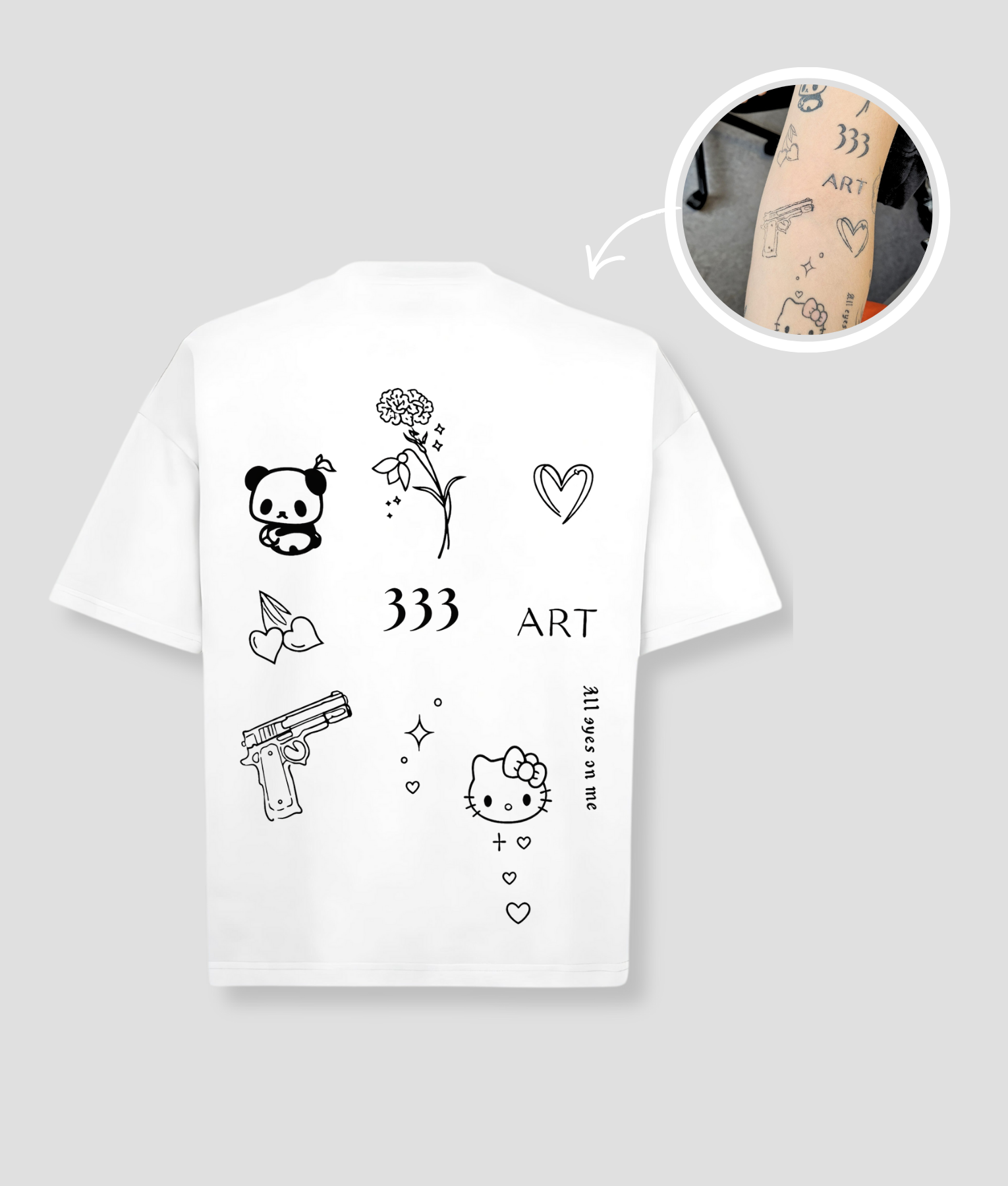 Wit oversized unisex t-shirt met tattoo-geïnspireerde opdrukken van PEP SCHEP – voorkant print met diverse kleine illustraties zoals panda, hart, bloem en typografie