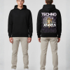 Zwarte hoodie met TECHNO ANGELS print met engel illustratie in wit en paars op de rug
