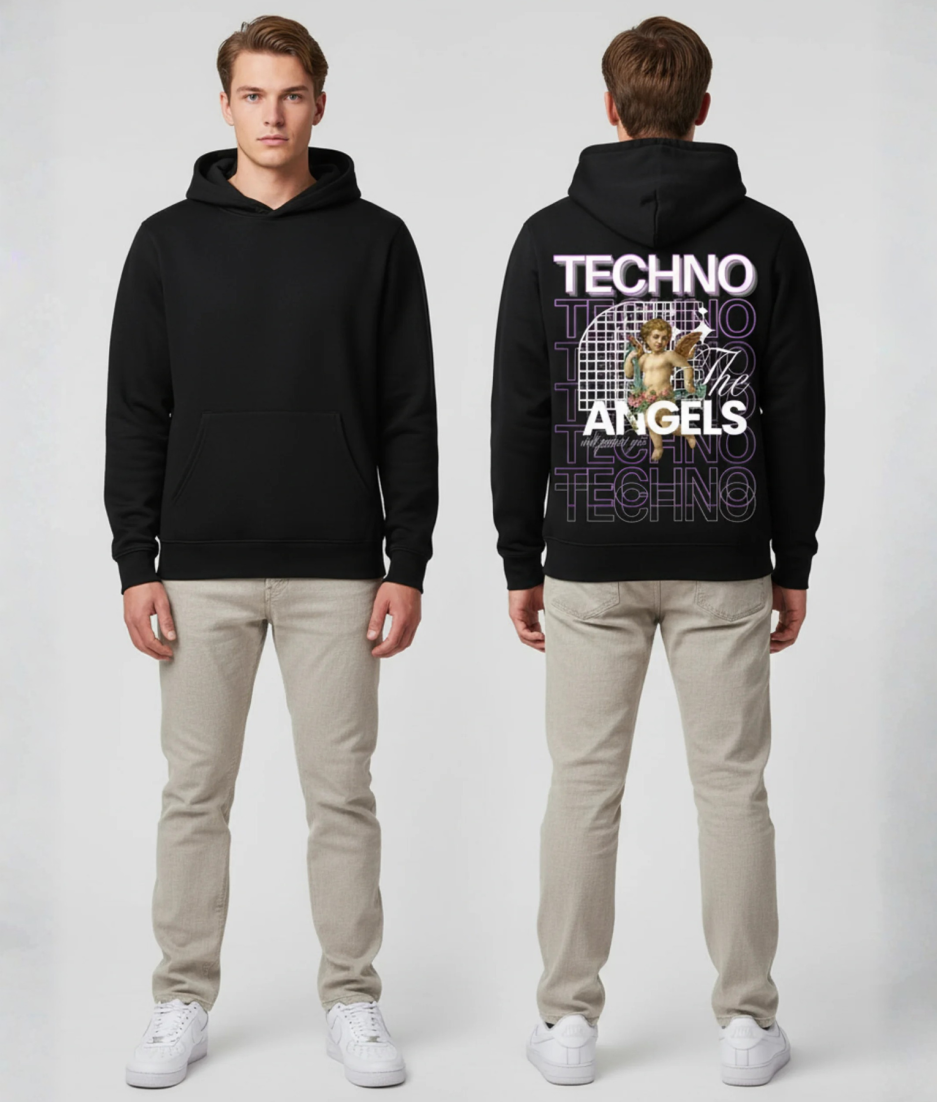 Zwarte hoodie met TECHNO ANGELS print met engel illustratie in wit en paars op de rug