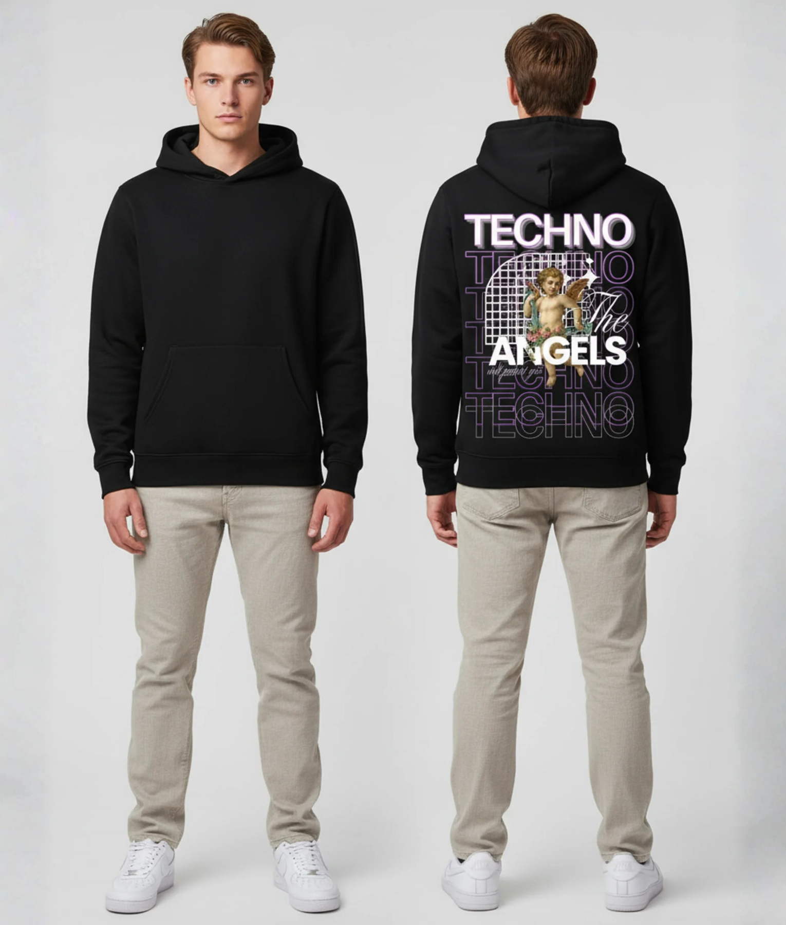 Zwarte hoodie met TECHNO ANGELS print met engel illustratie in wit en paars op de rug
