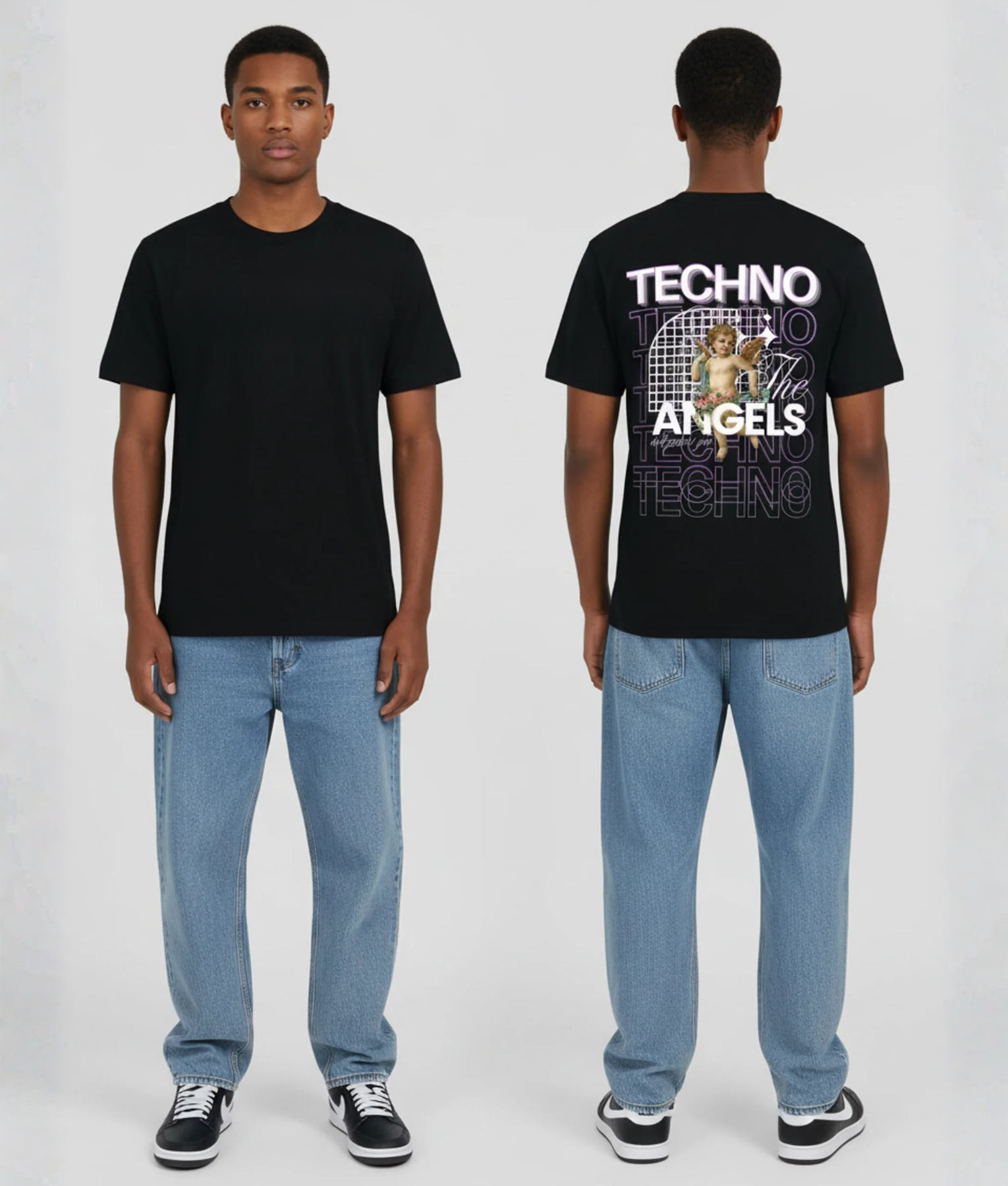 Zwart unisex T-shirt voor- en achteraanzicht gedragen door mannelijk model met TECHNO The Angels print en engelfiguur grafisch design op de rug