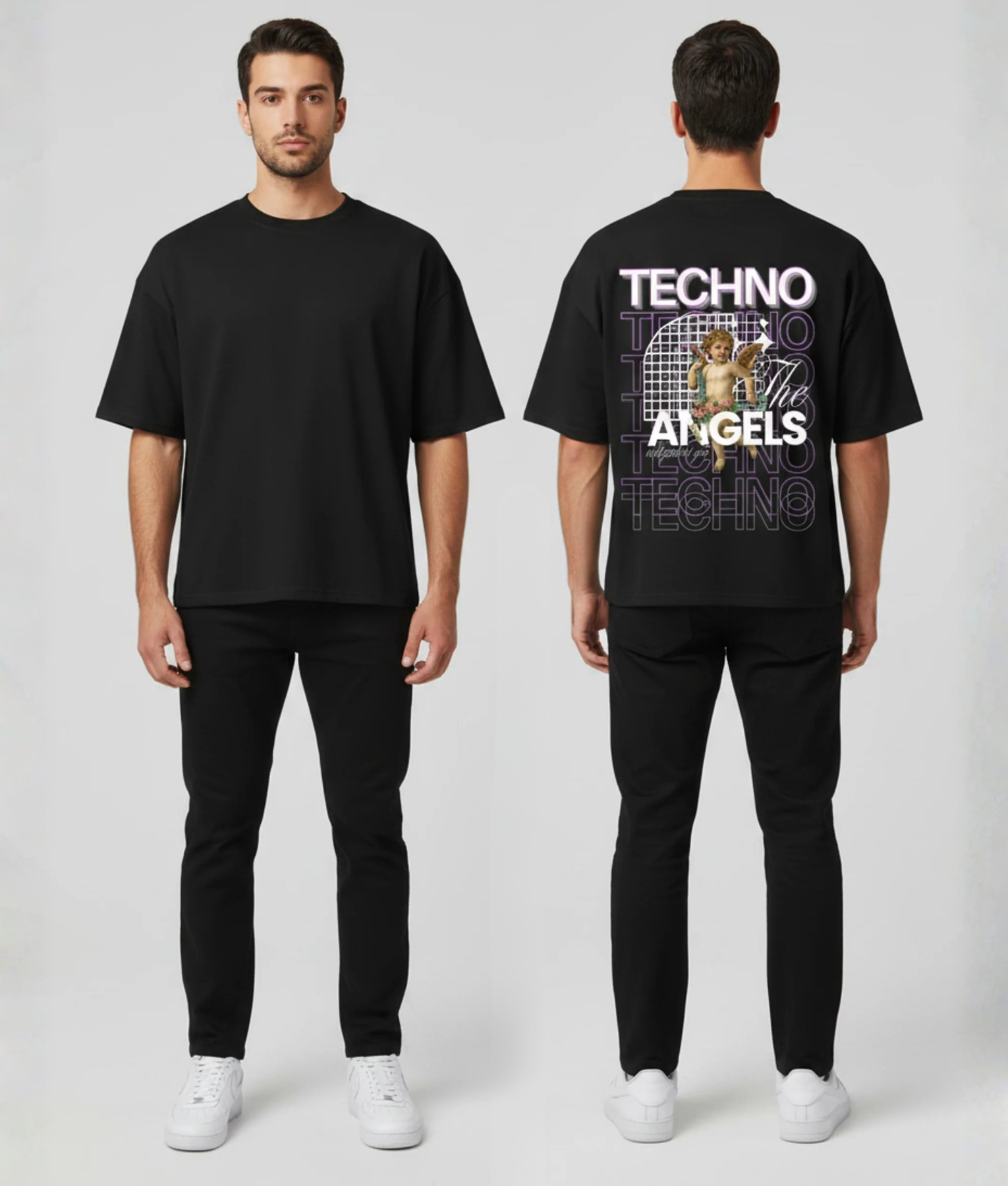Zwart T-shirt met TECHNO ANGELS tekst, klassieke cherub illustratie en paarse grafische achtergrond op de rug