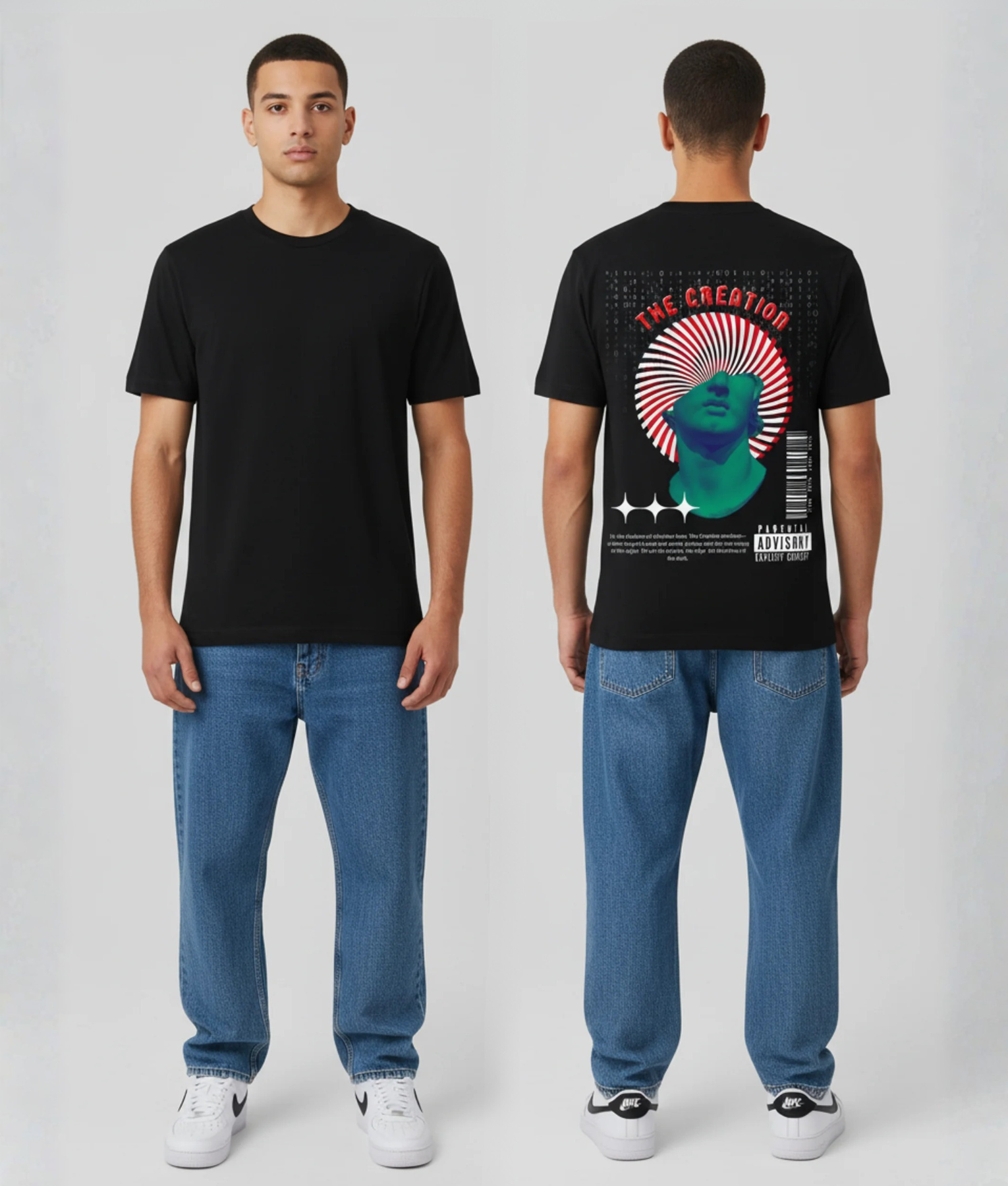 Zwart T-shirt met groen Grieks standbeeld hoofd, rood-witte stralende strepen, THE CREATION tekst, barcode en PARENTAL ADVISORY sticker op de rug