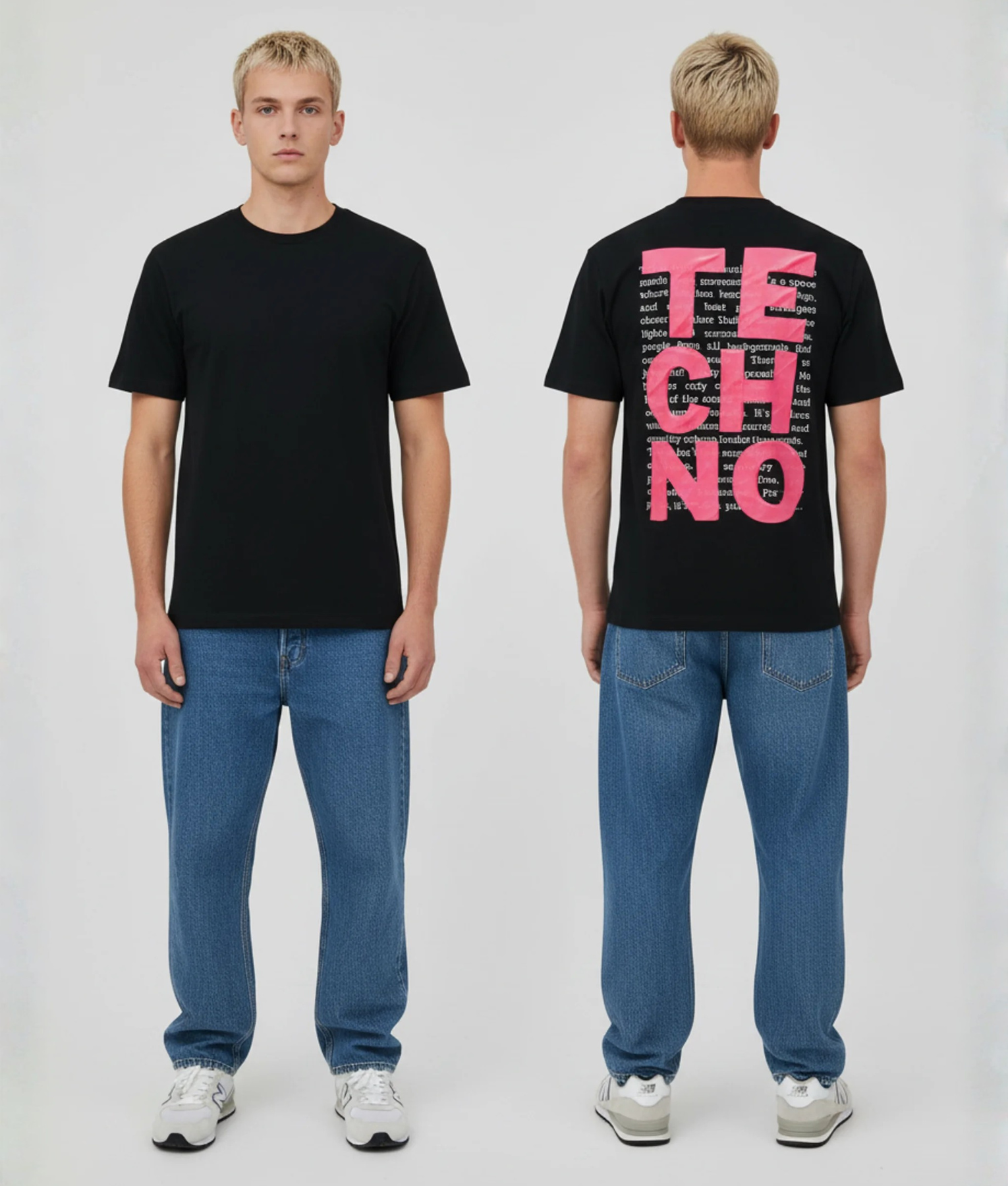 Zwart unisex T-shirt voor- en achteraanzicht gedragen door mannelijk model met TECHNO tekst in roze blokletters op de rug