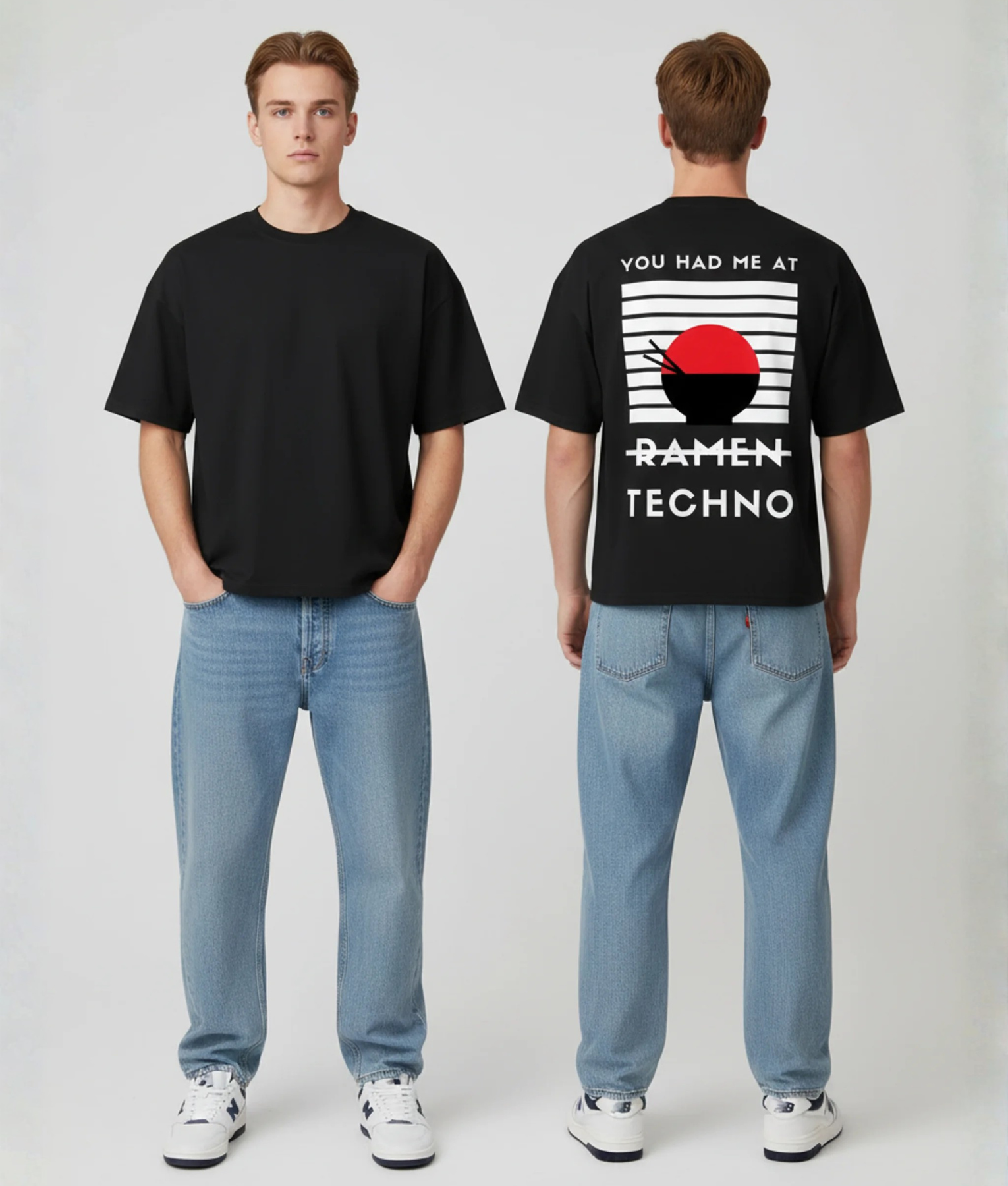 Zwart T-shirt met ramen bowl print en YOU HAD ME AT RAMEN TECHNO tekst op de rug