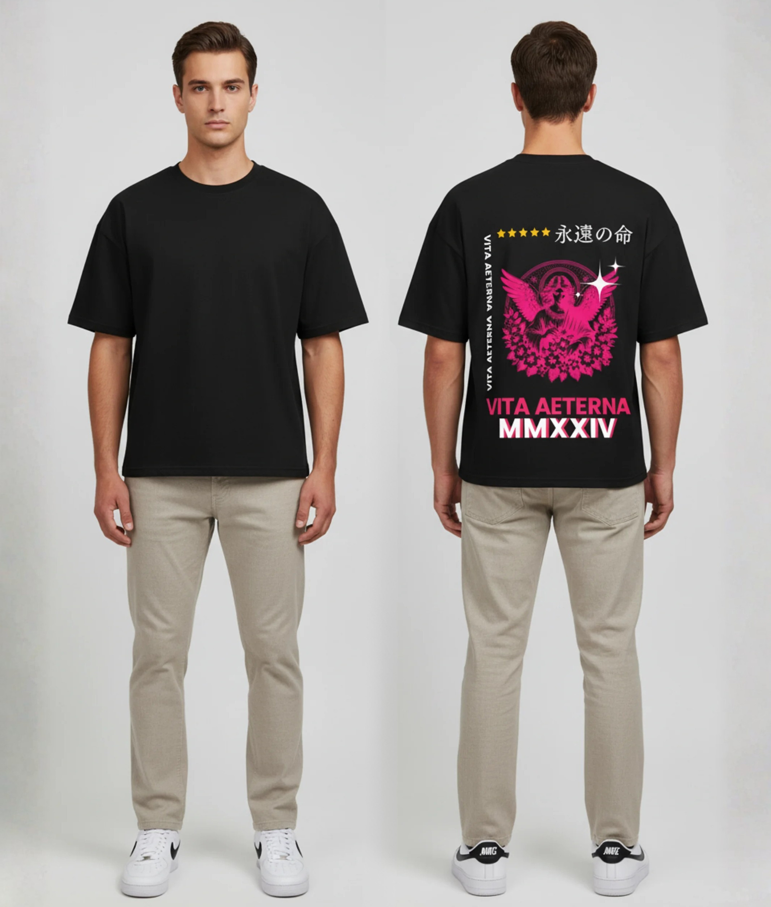 Zwart T-shirt met roze adelaar illustratie, Japanse tekens, VITA AETERNA MMXXIV tekst en gouden sterren op de rug