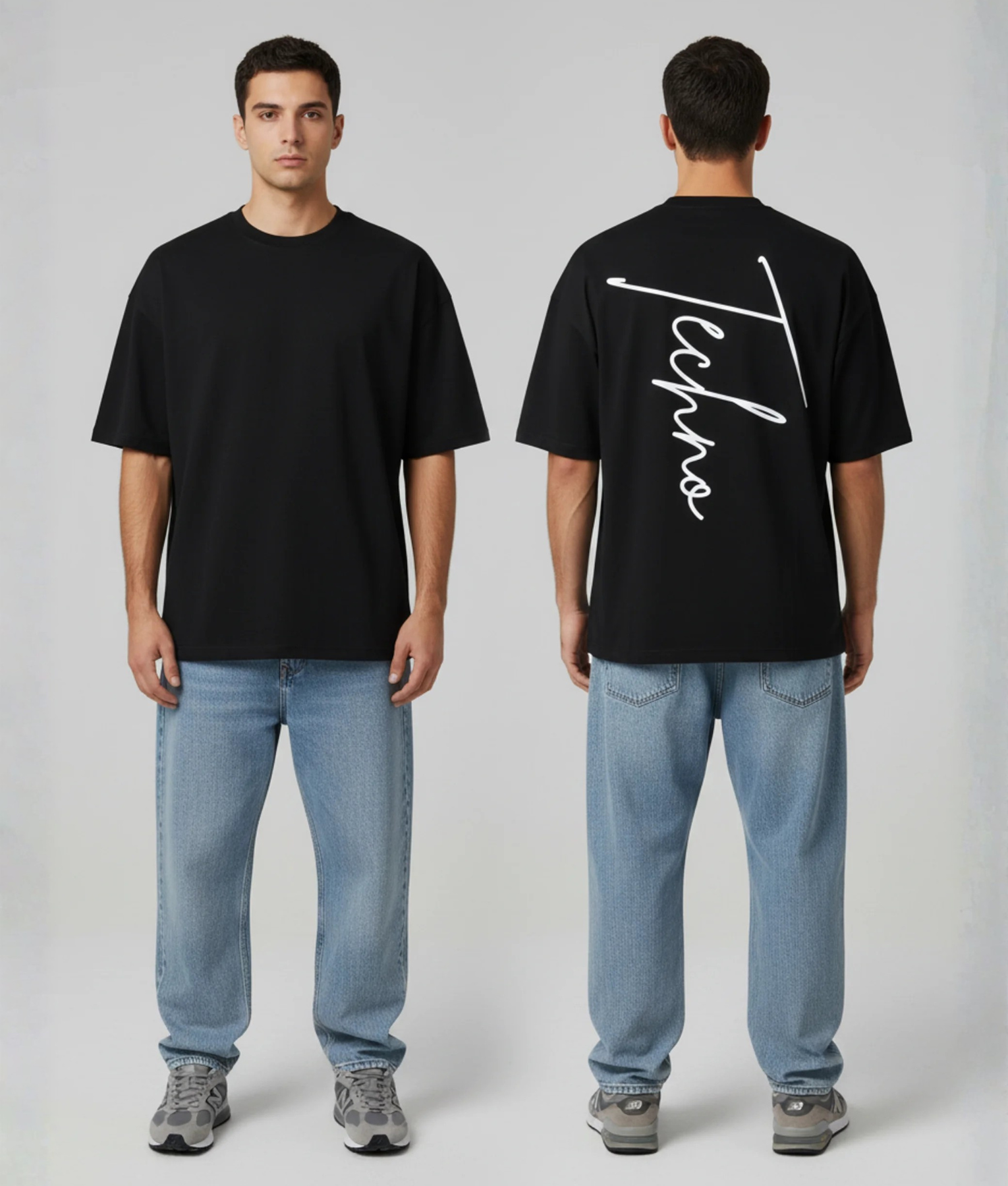 Zwart T-shirt met witte Techno tekst in groot cursief handschrift op de rug