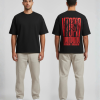 Zwart T-shirt met rode UTOPIA tekst herhalend in groot en klein lettertype met grafische print op de rug