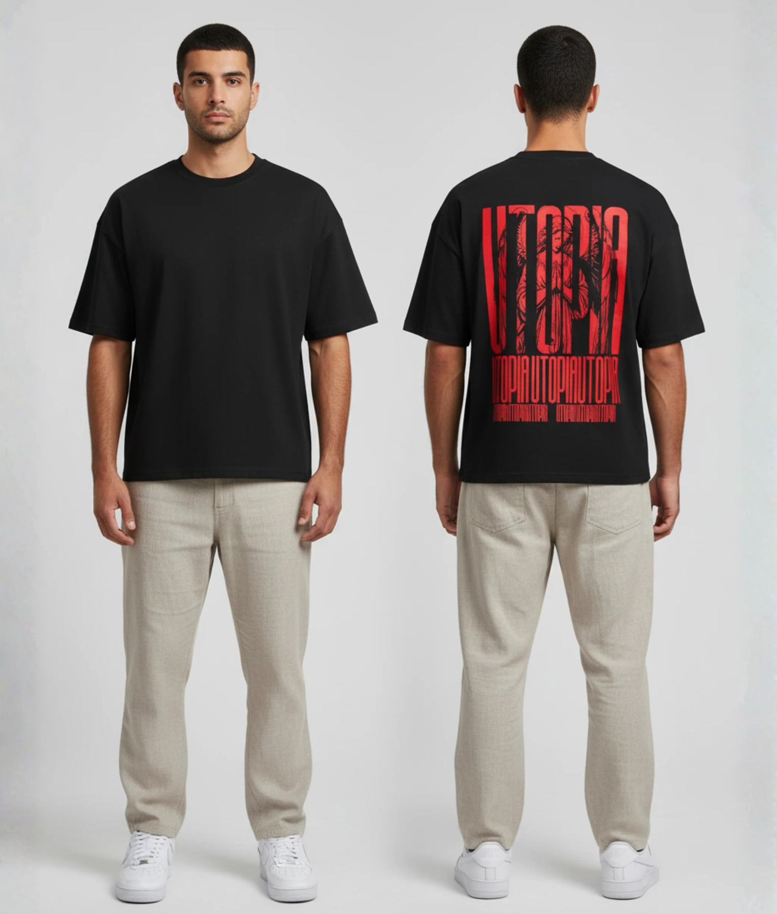 Zwart T-shirt met rode UTOPIA tekst herhalend in groot en klein lettertype met grafische print op de rug