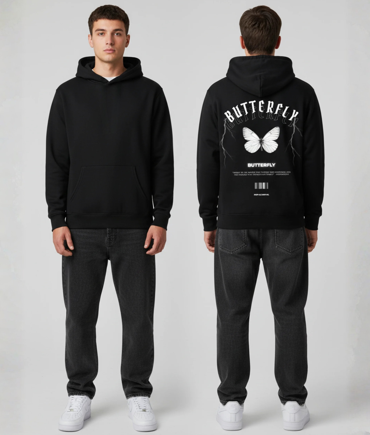 Man in zwarte hoodie voor- en achterkant met witte vlinder print en tekst BUTTERFLY