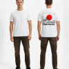 Wit unisex t-shirt met 'Time Travel' opdruk – grafische rugprint met Japanse golf, rode zon en typografie, PEP SCHEP design