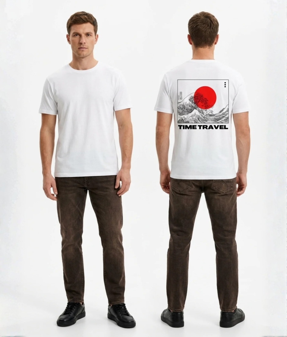Wit unisex t-shirt met 'Time Travel' opdruk – grafische rugprint met Japanse golf, rode zon en typografie, PEP SCHEP design