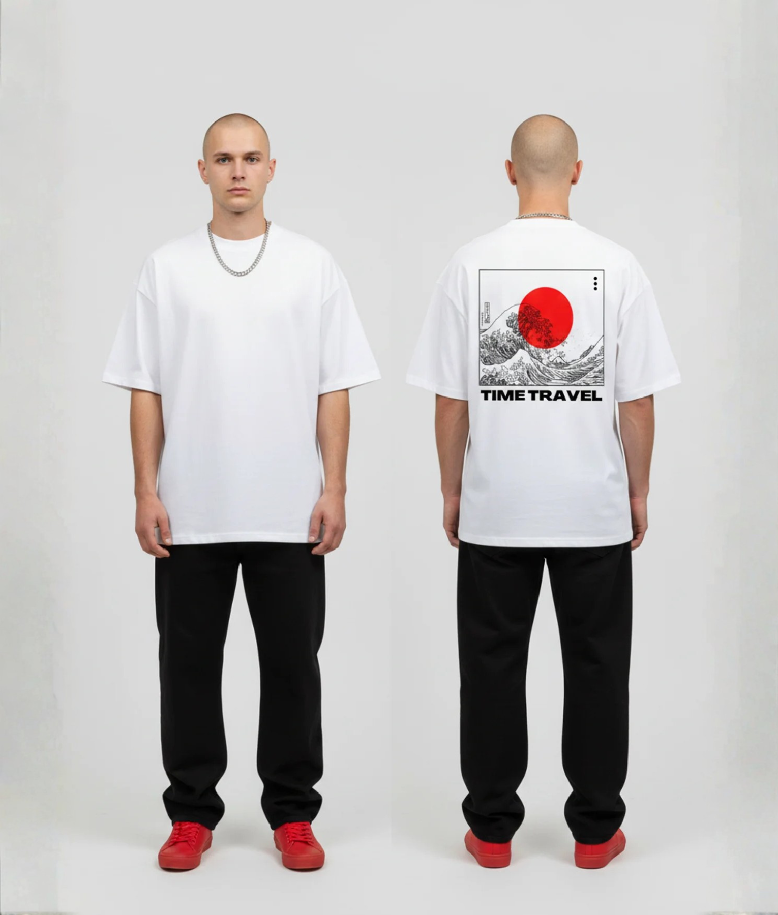 Wit T-shirt met Japanse golf illustratie, rode zon en TIME TRAVEL tekst op de rug