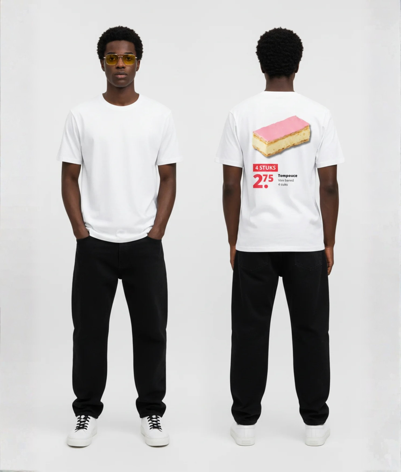 Wit unisex T-shirt voor- en achteraanzicht gedragen door mannelijk model met zonnebril en print van Tompouce 4 stuks €2.75 supermarkt reclame op de rug