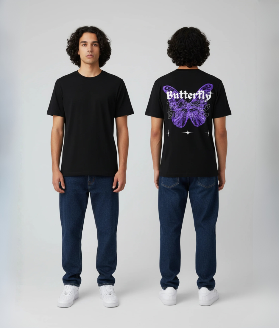 Zwart unisex T-shirt voor- en achteraanzicht gedragen door mannelijk model met Butterfly print en grote vlinder illustratie in paars op de rug