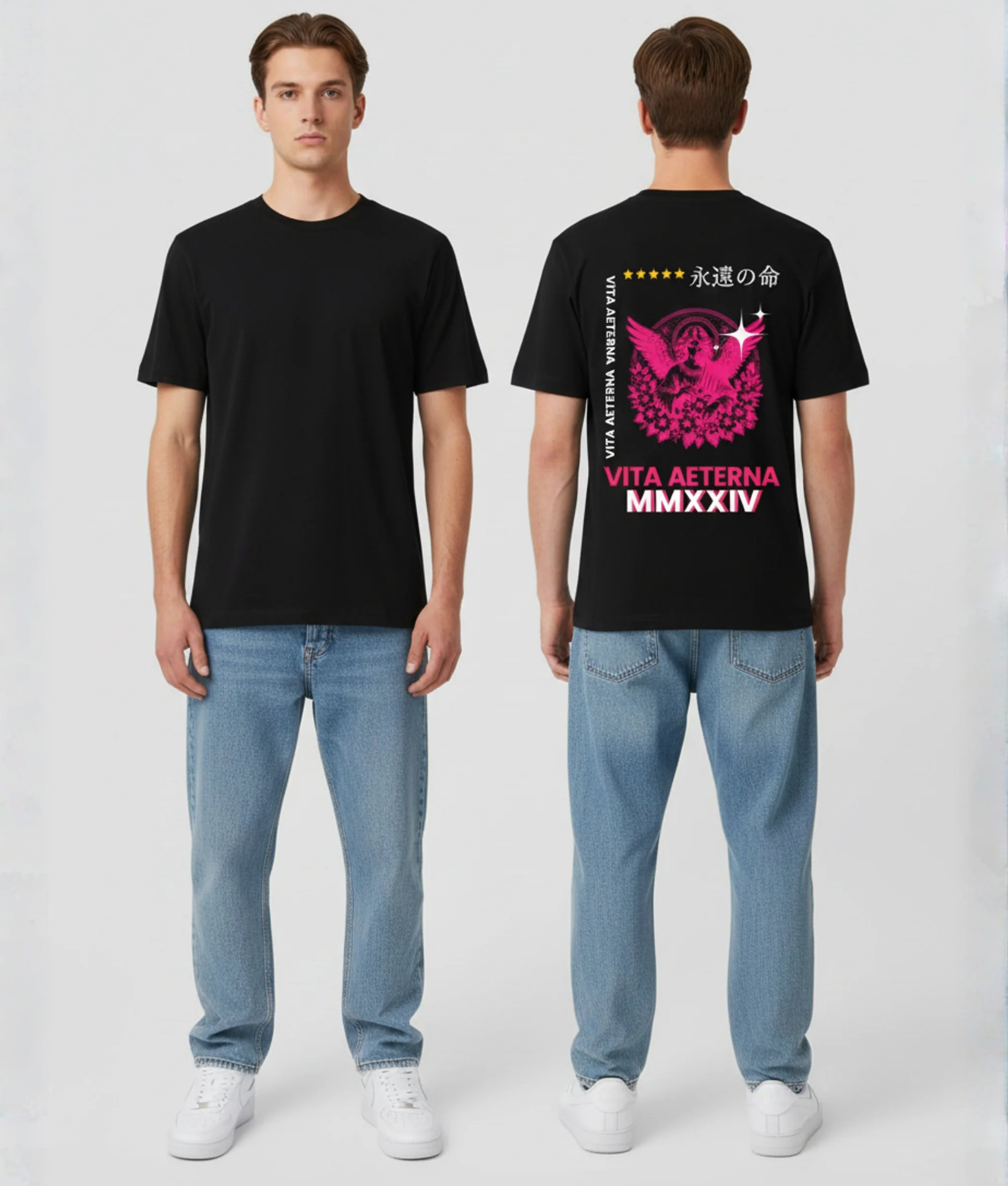 Zwart T-shirt met roze adelaar illustratie, Japanse tekens 永遠の命, gouden sterren en VITA AETERNA MMXXIV tekst op de rug