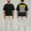 Zwart T-shirt met gele eigen tekst banner, grote witte QR-code en DURF TE SCANNEN tekst op de rug