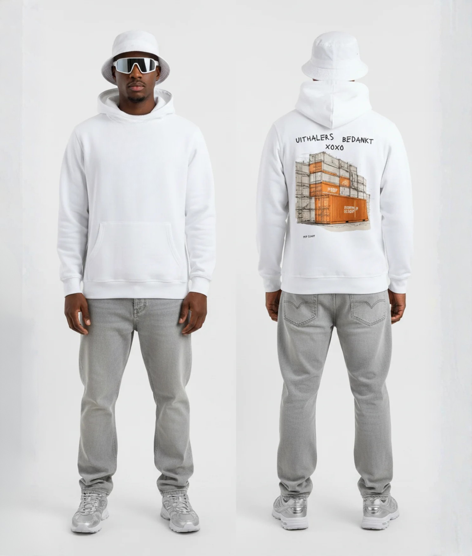Man in witte hoodie voor- en achterkant met oranje containers en UITHALERS BEDANKT XOXO print op de rug