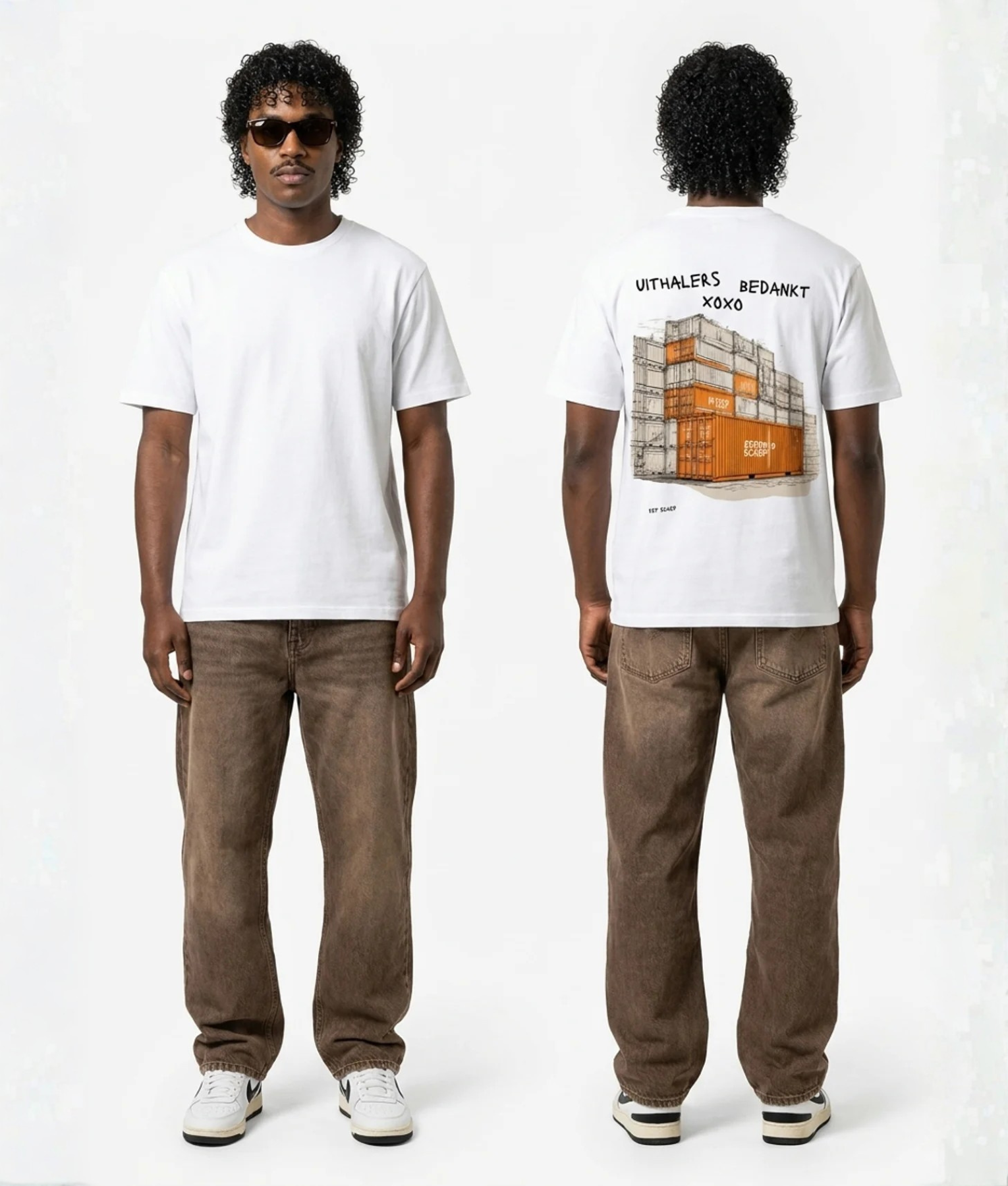 Wit unisex t-shirt met 'Uithalers Bedankt XOXO' opdruk en containerillustratie op de rug, PEP SCHEP design