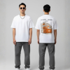Wit T-shirt met UITHALERS BEDANKT XOXO tekst en oranje zeecontainers illustratie op de rug