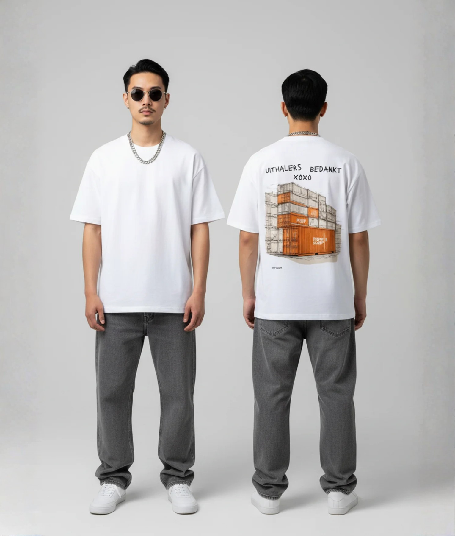 Wit T-shirt met UITHALERS BEDANKT XOXO tekst en oranje zeecontainers illustratie op de rug