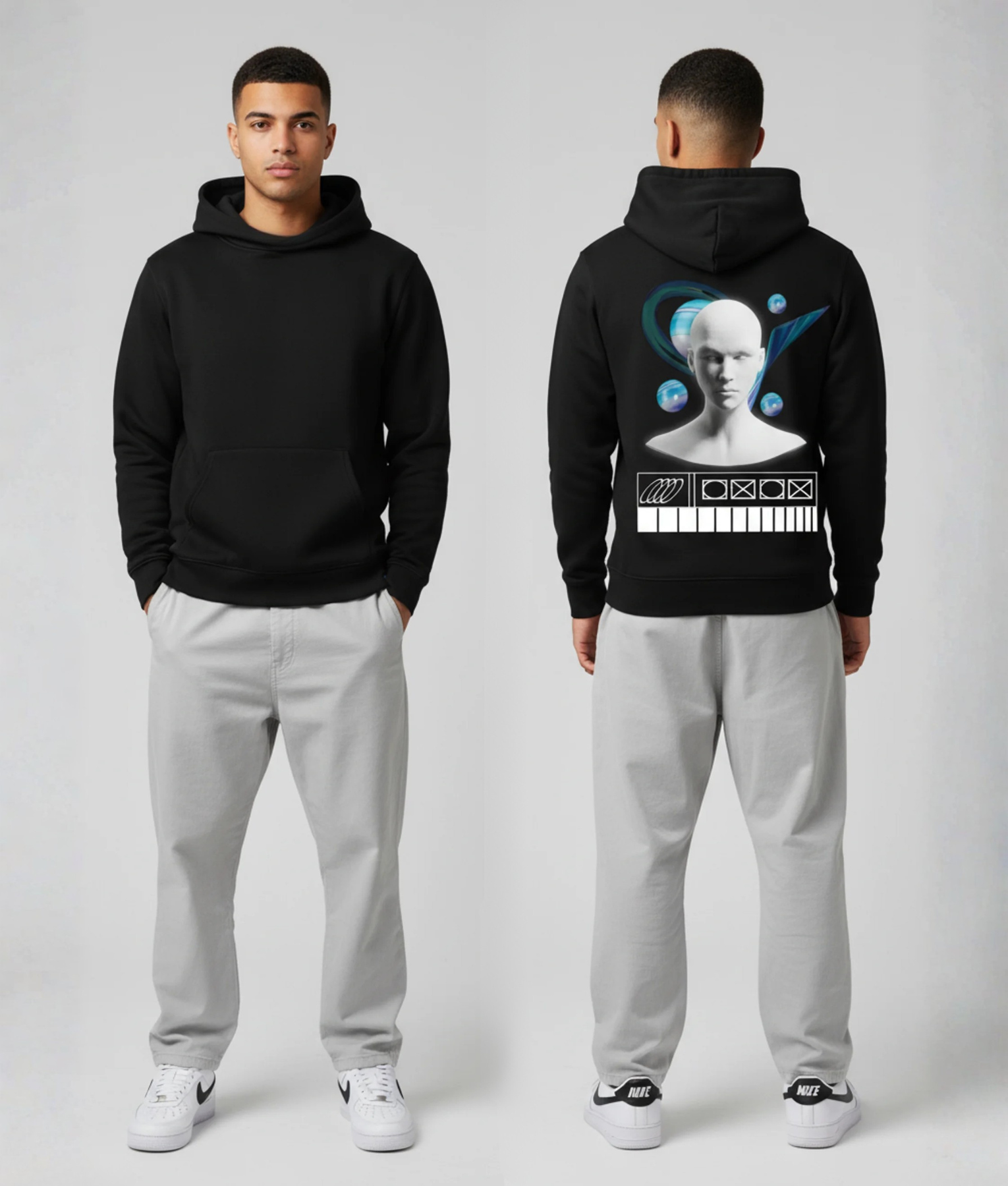 Man in zwarte hoodie voor- en achterkant met universum print en mannequinhoofd opdruk