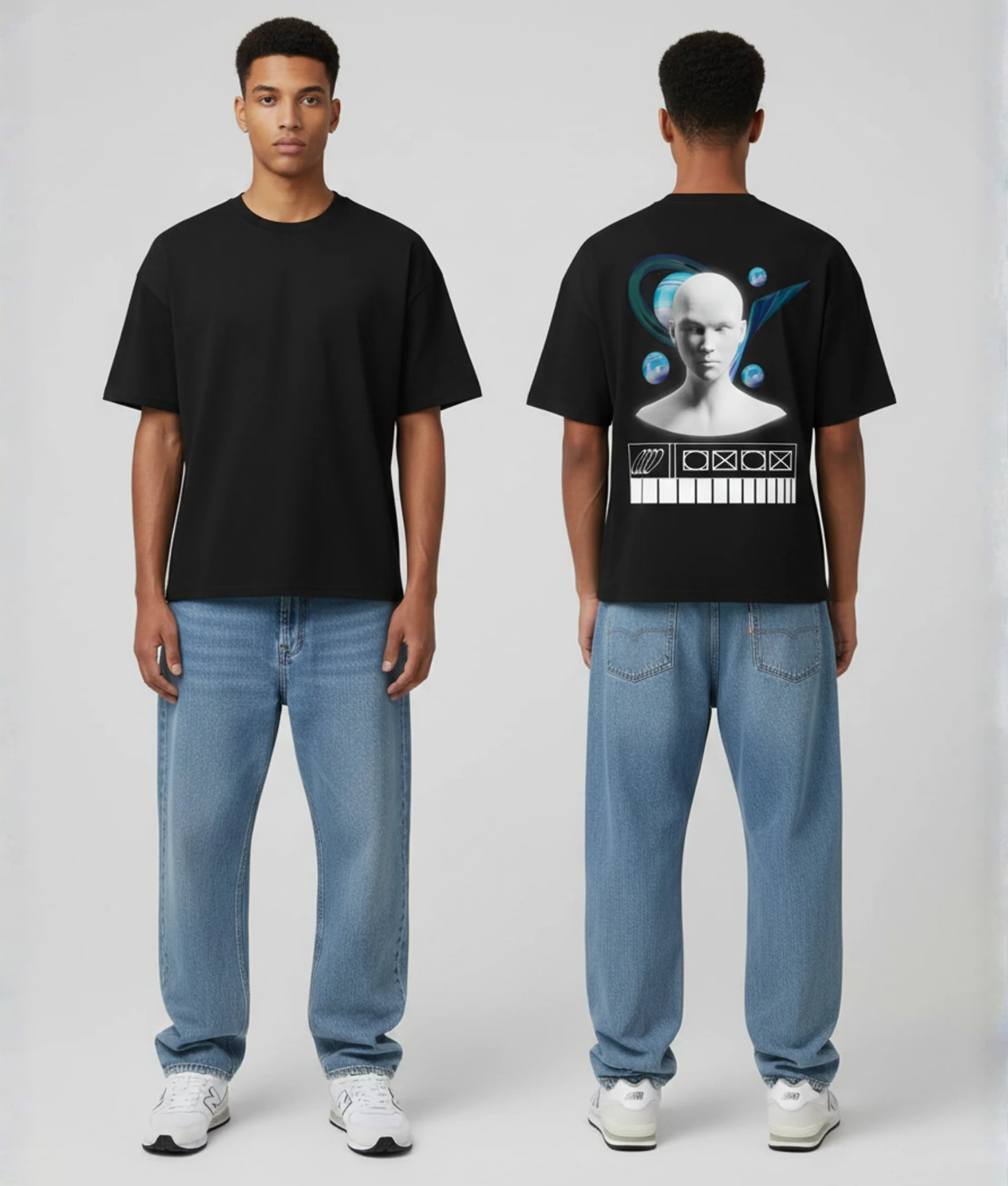 Zwart T-shirt met witte buste en blauwe universe print op de rug