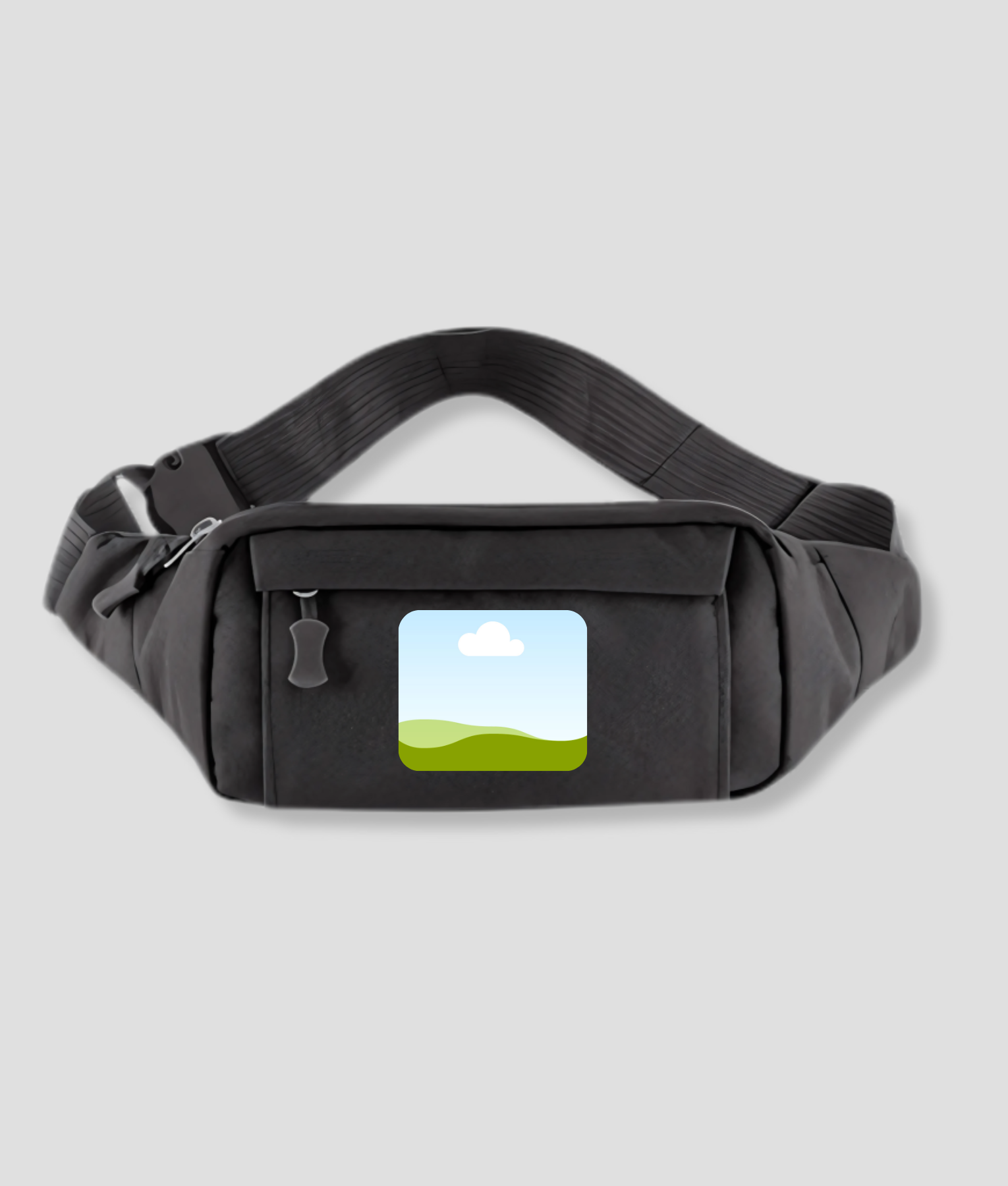 Zwarte fanny pack bovenaanzicht met verstelbare riem en gesp