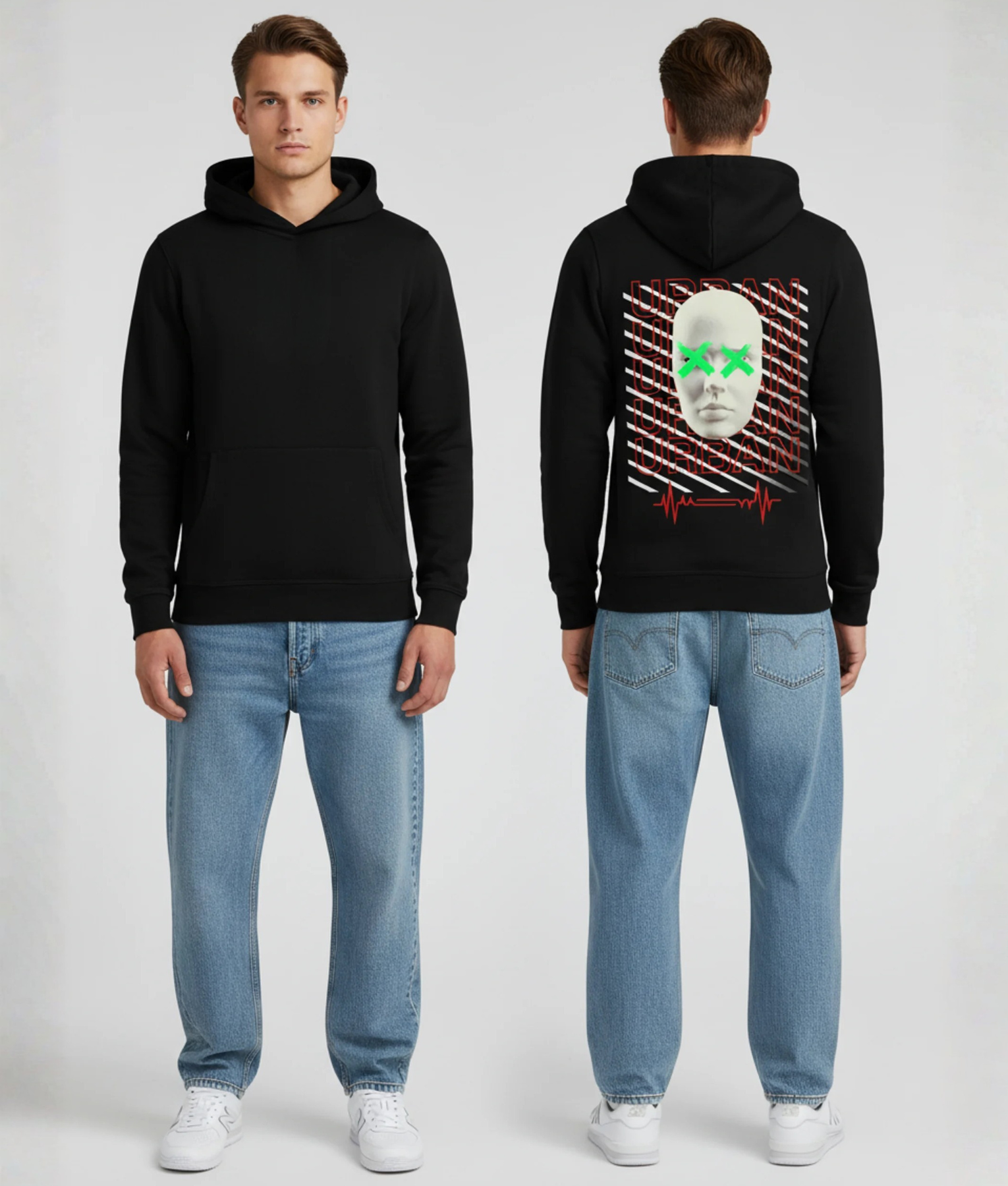 Zwarte hoodie met gezicht illustratie met groene X-ogen en rode strepen print op de rug