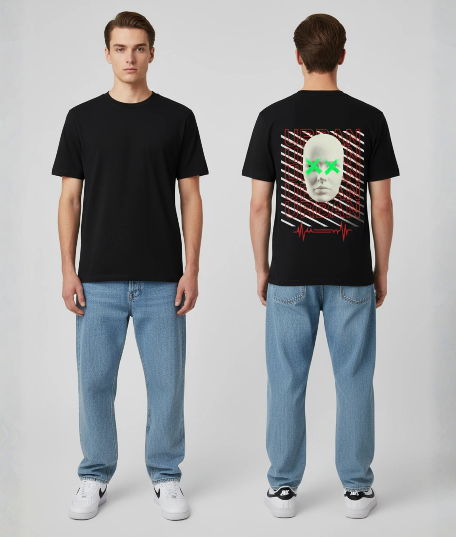 Zwart T-shirt met wit mannelijk masker met groene X-ogen, diagonale rode strepen en herhalende URBAN tekst met hartslag ECG-lijn op de rug