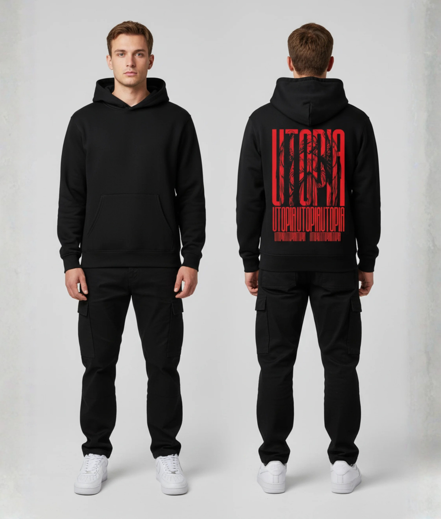 Zwarte hoodie met rode UTOPIA tekst print op de rug