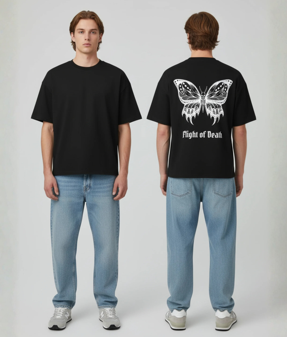Zwart T-shirt met witte vlinder en Flight of Death tekst op de rug