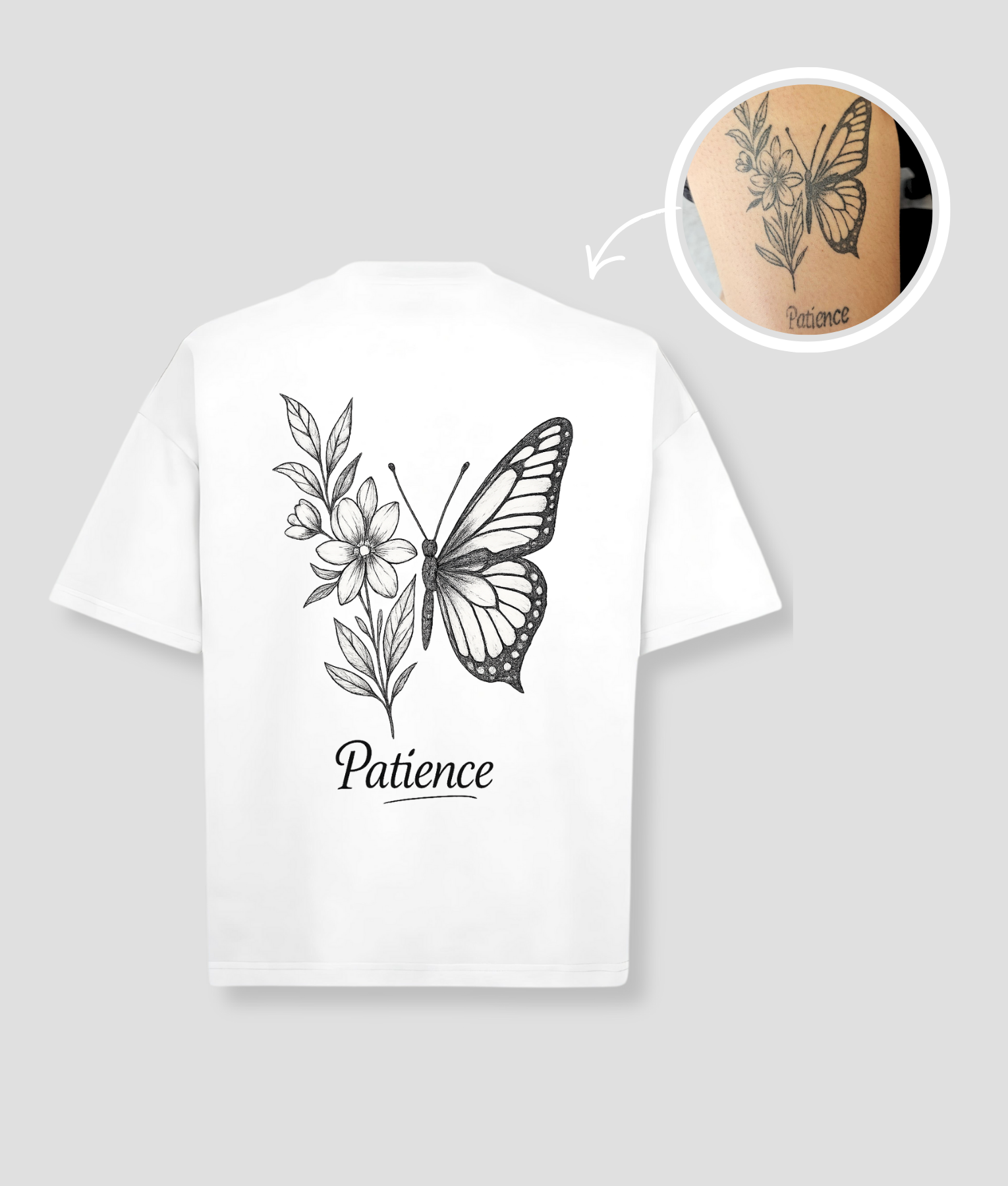 Wit unisex t-shirt met 'Patience' vlinder en bloemen tattoo opdruk van PEP SCHEP – grote zwarte botanische vlinder illustratie op de voorkant