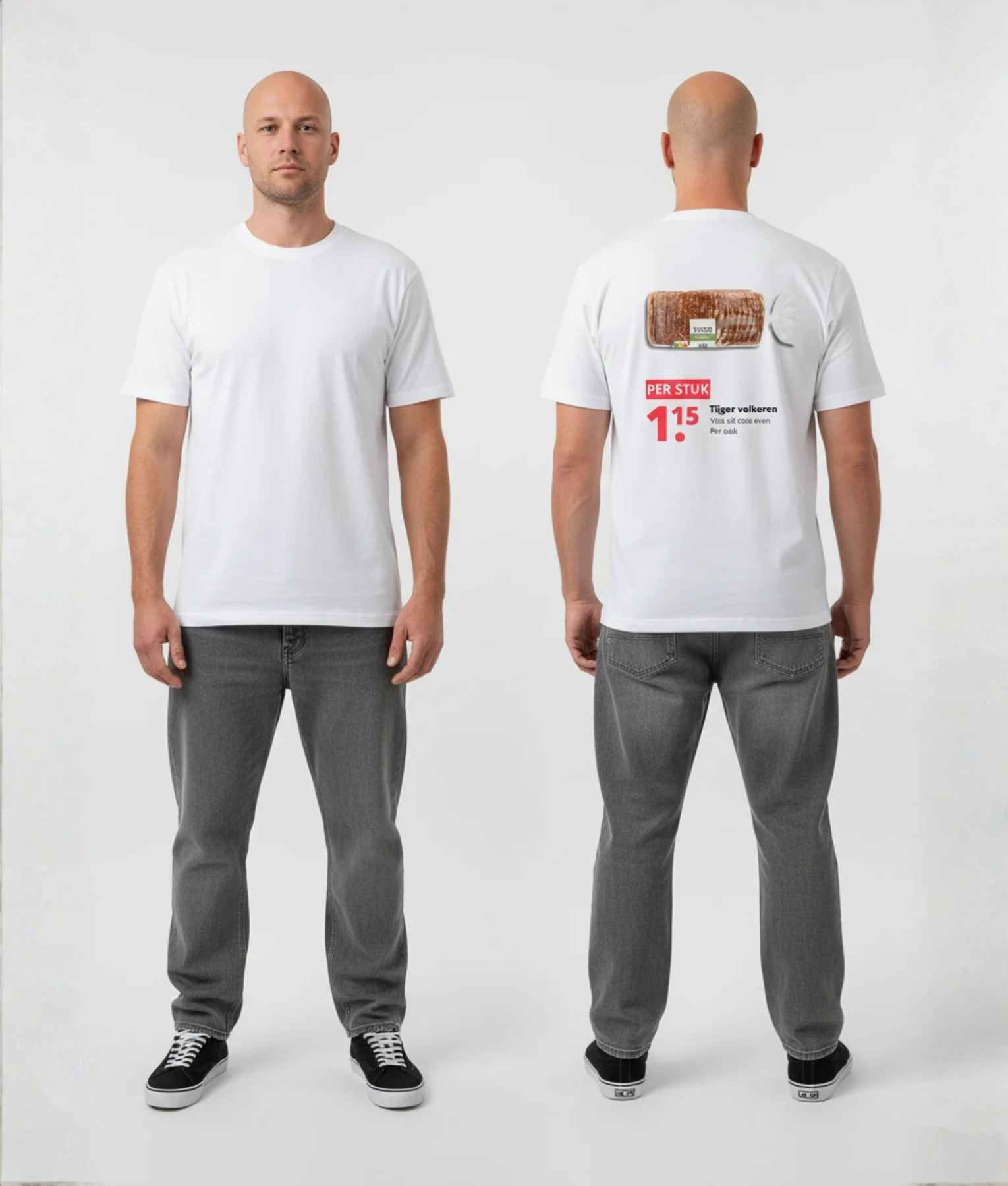 Wit T-shirt met supermarkt aanbieding print van Tiger volkoren volkorenbrood met PER STUK 1,15 prijs in supermarkt reclame stijl op de rug