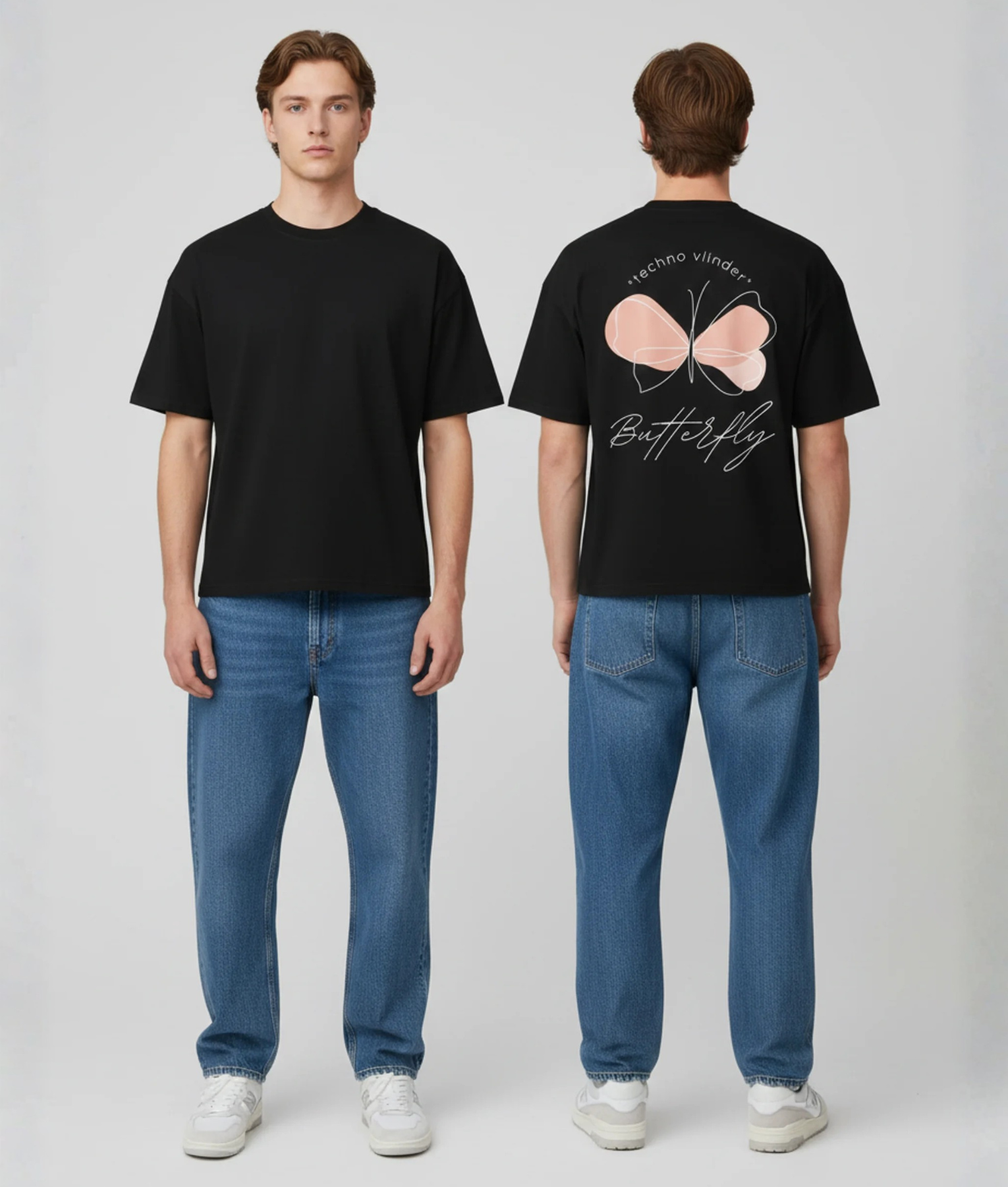 Zwart T-shirt met roze vlinder en Butterfly tekst op de rug